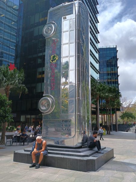 Parramatta Square silver upside down bus